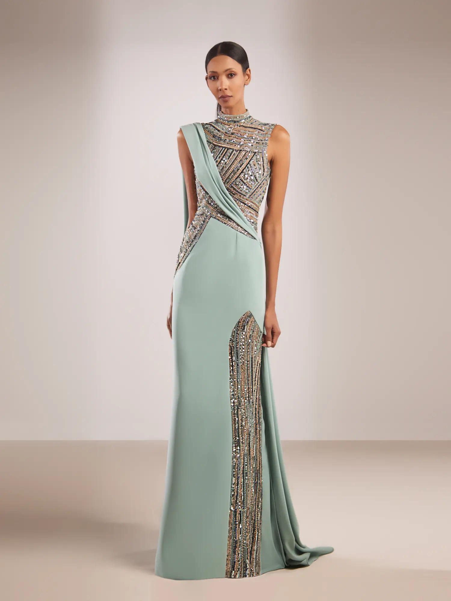 FW213- High-neck sage green  gownGreen US 01
