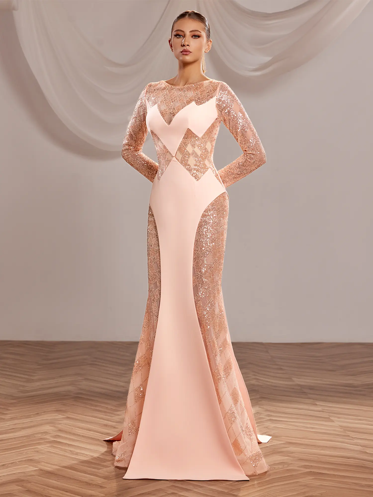 SS225 - Salmon asymmetric  faille gown with long  beaded Salmon US 01