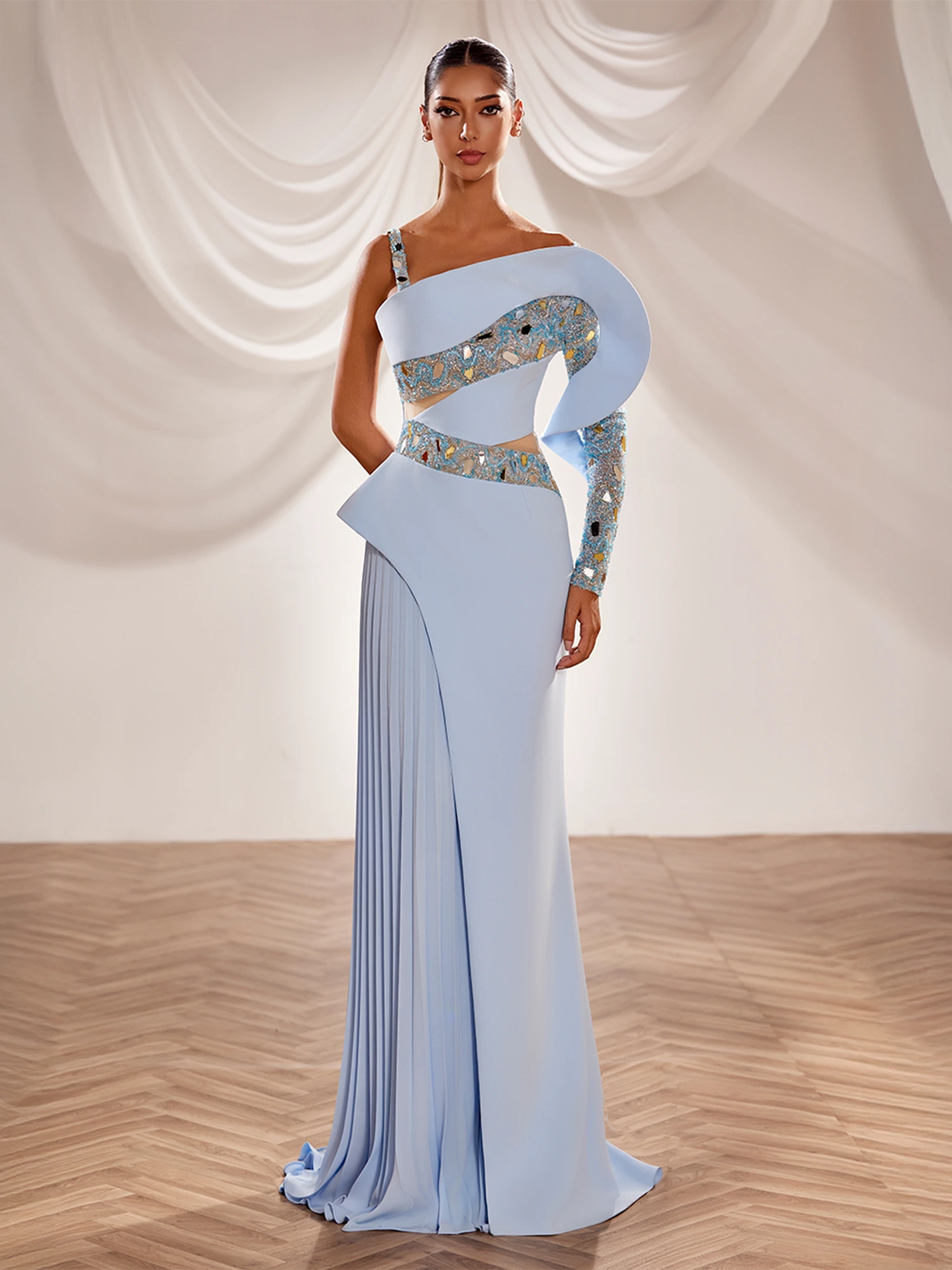 SS228 -  Blue crepe gown with  plissé chiffon Light Blue US 01