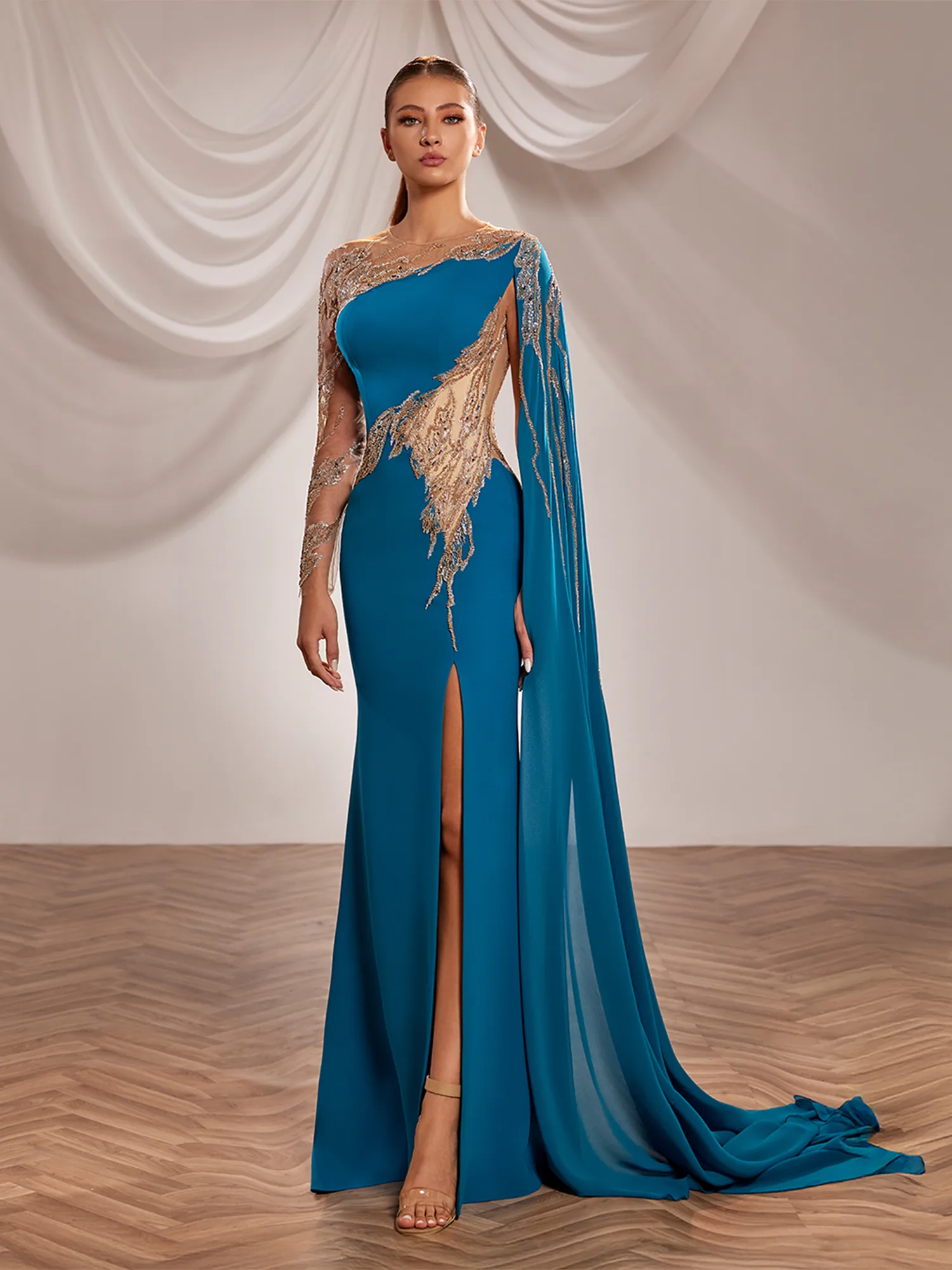 SS241-  Teal crepe fitted gown  with illusion Teal  US 01