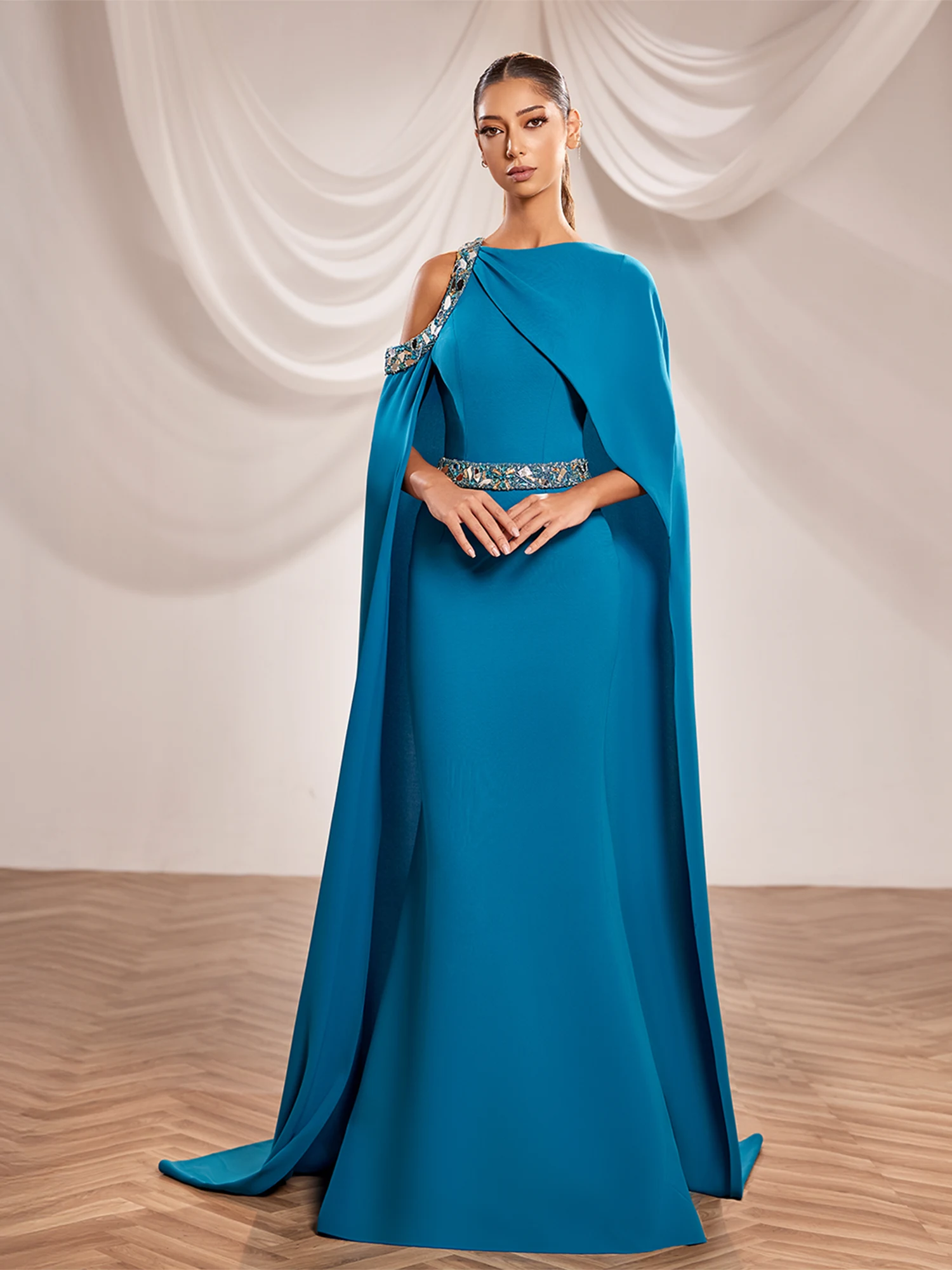 SS242- Teal crepe fitted gown with  a floor-length cape Teal  US 01