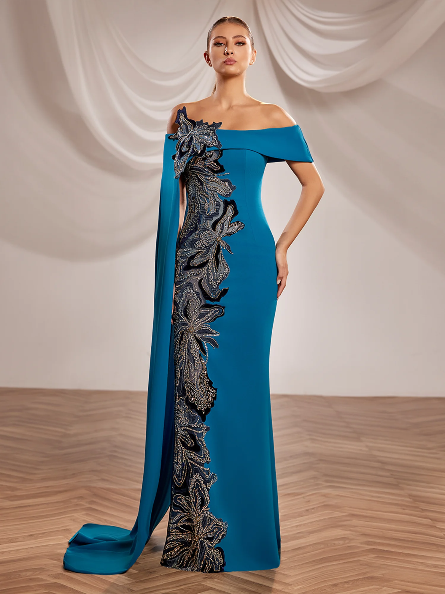 SS243- Off-shoulder teal gownTeal  US 01