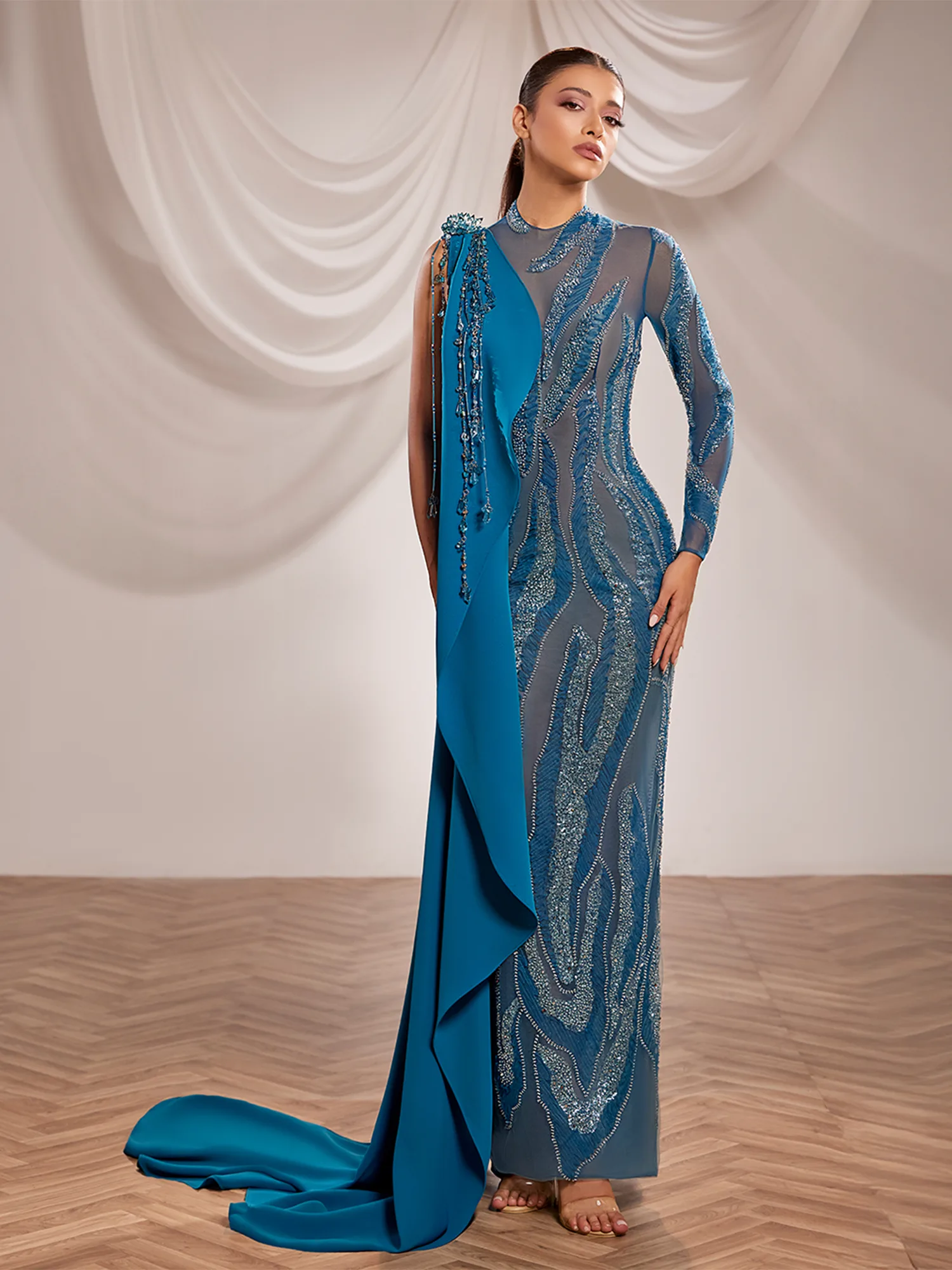 SS244- Teal gown with wave-like  sequin embroideryTeal  US 01