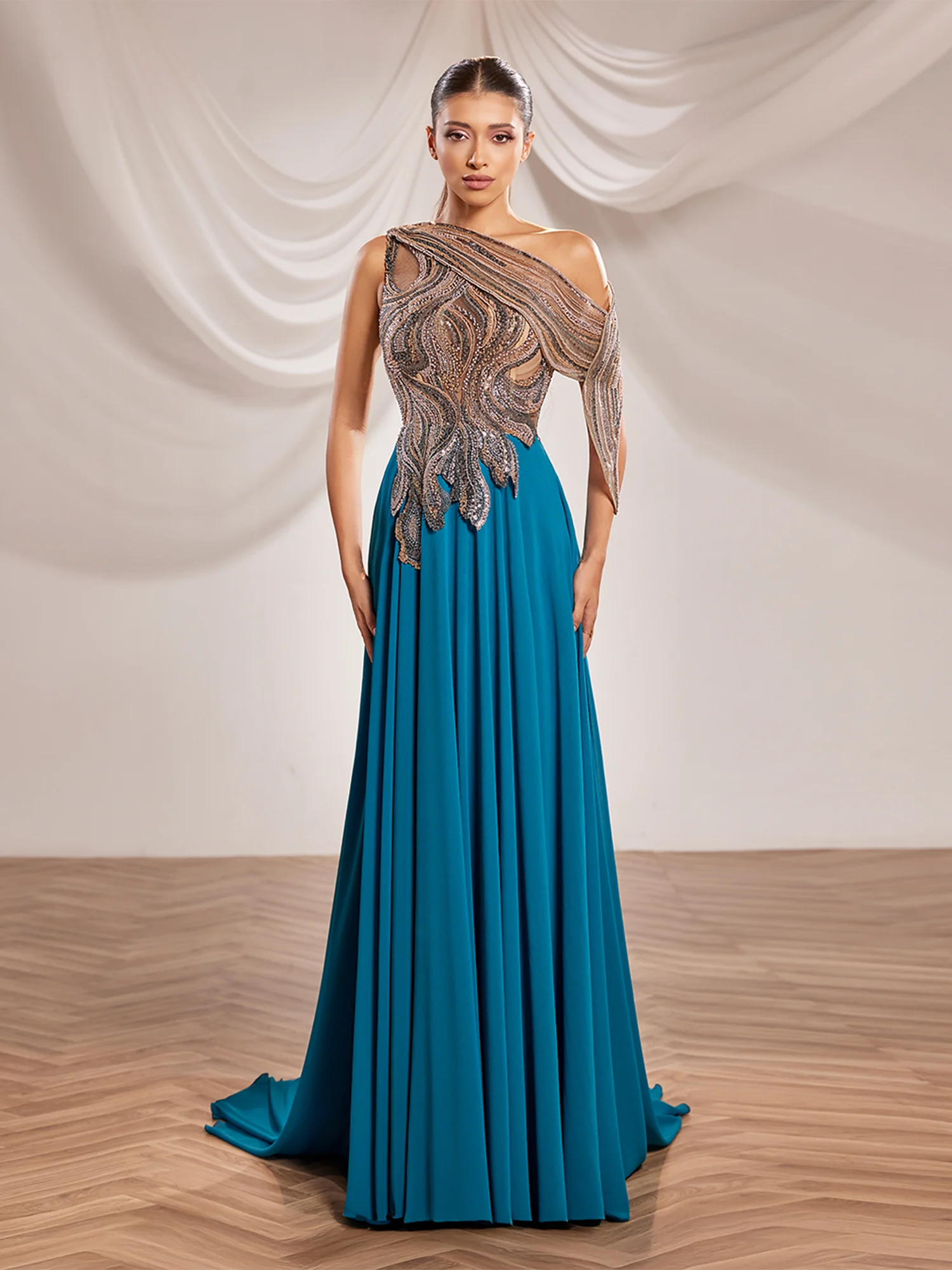 SS246-  Teal gown with swirling  embroidered bodiceTeal US 01