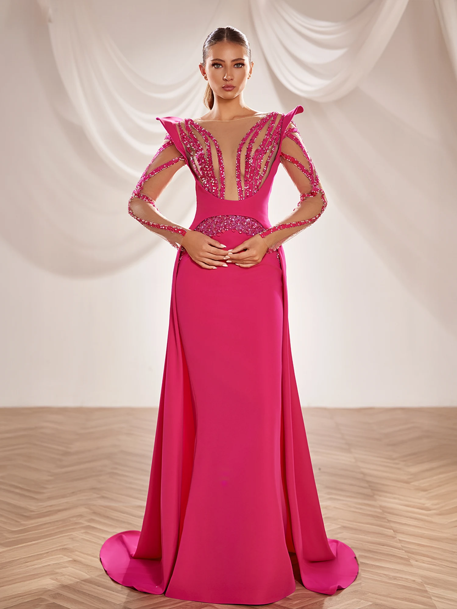 SS251-  Fuchsia crepe gown with  sheer vertical beaded Fuchsia US 01