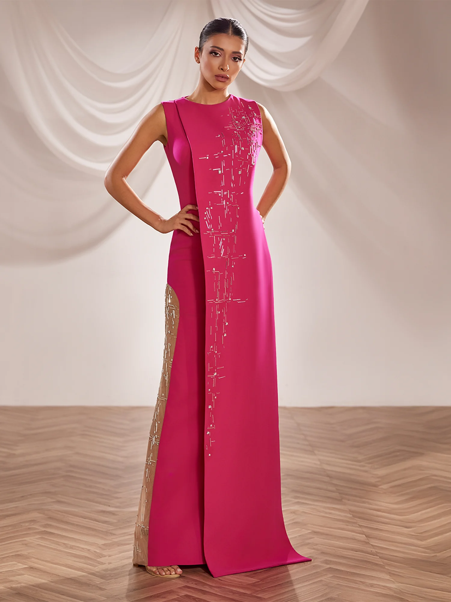 SS252- Fuchsia crepe gown with a  front cape Fuchsia US 01