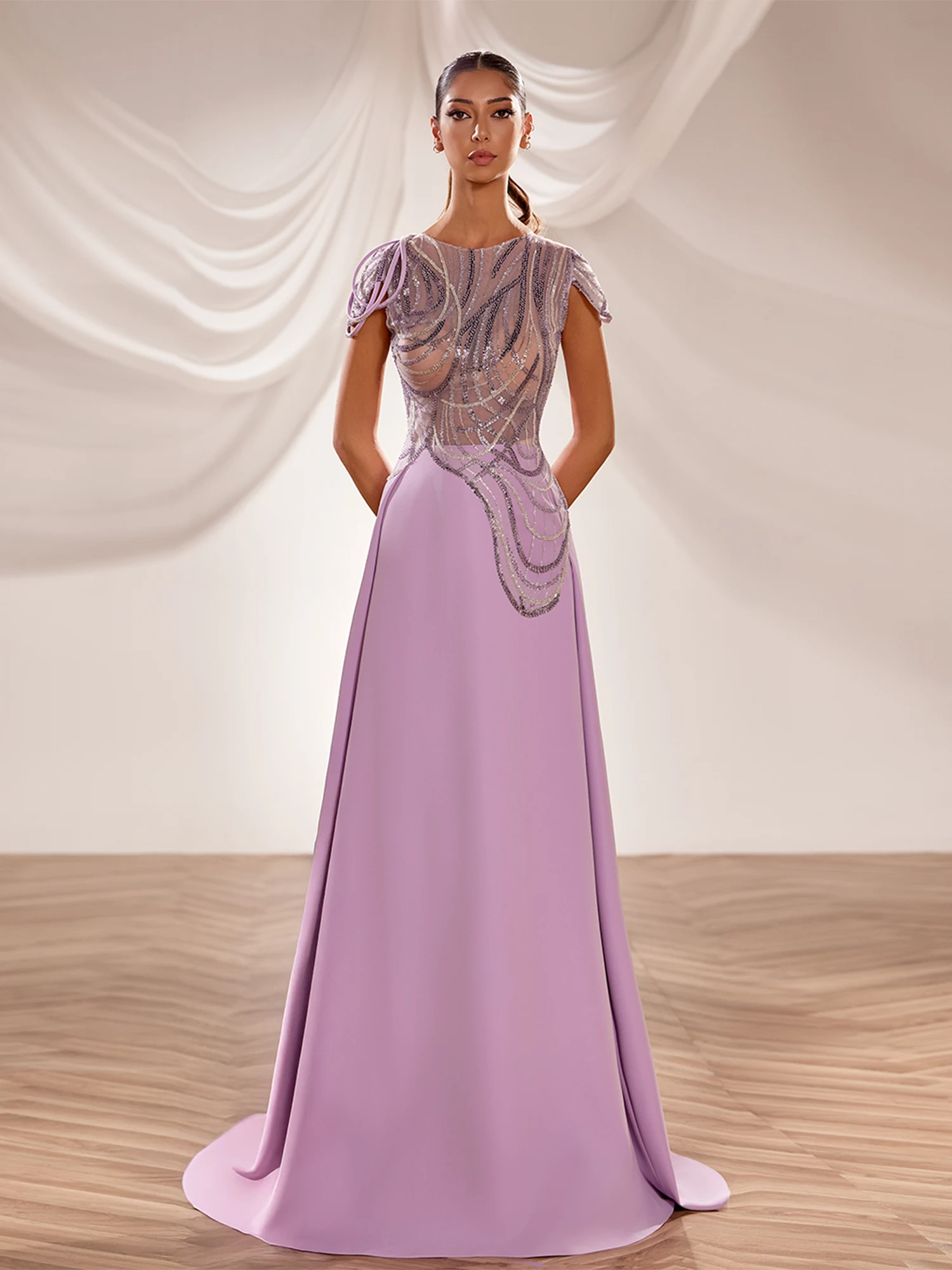 SS254- Lilac gown with cap  sleeves Lilac US 01