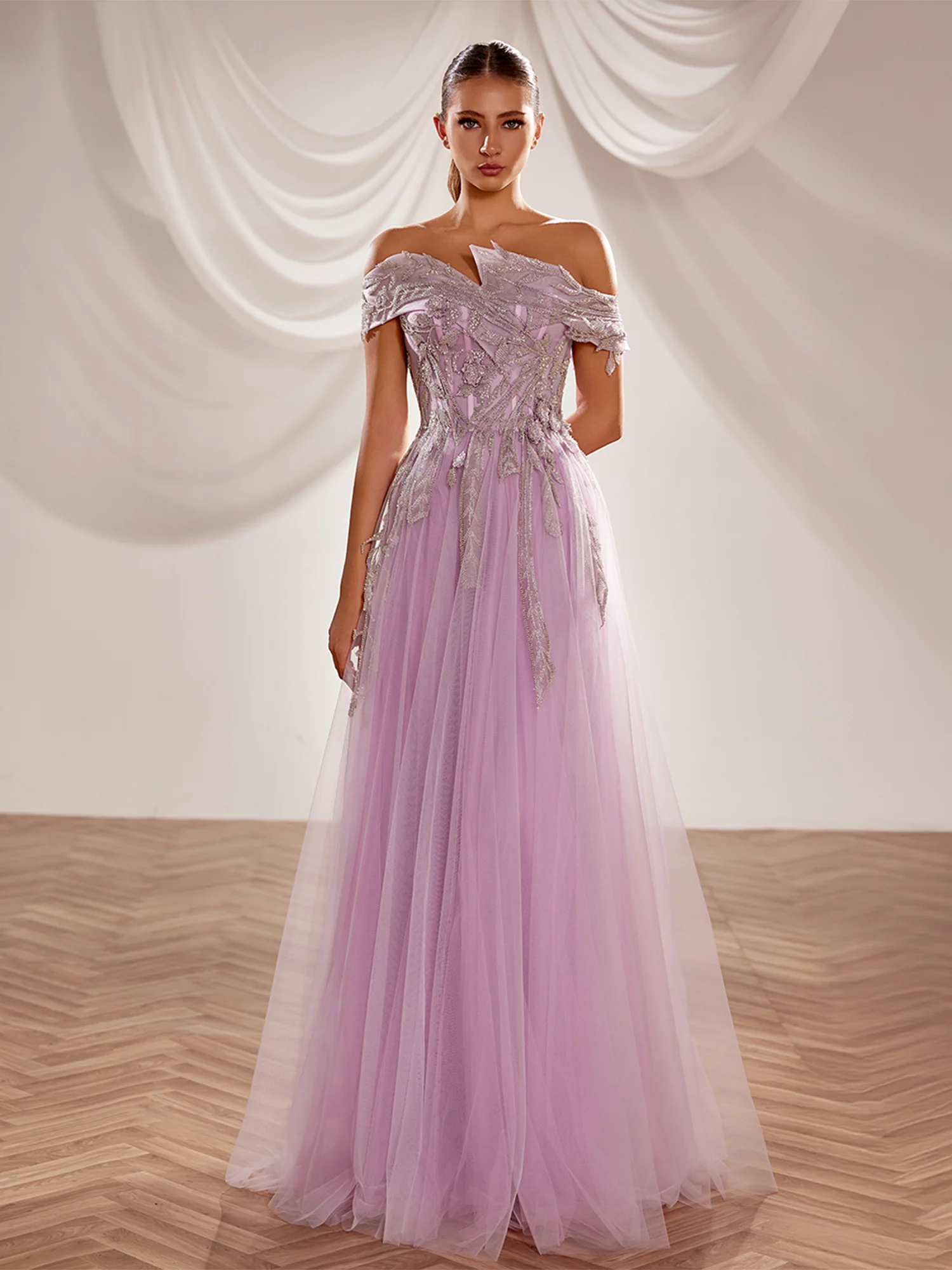 SS256-  Lilac A-line gown with  off-shoulder asymmetricLilac US 01