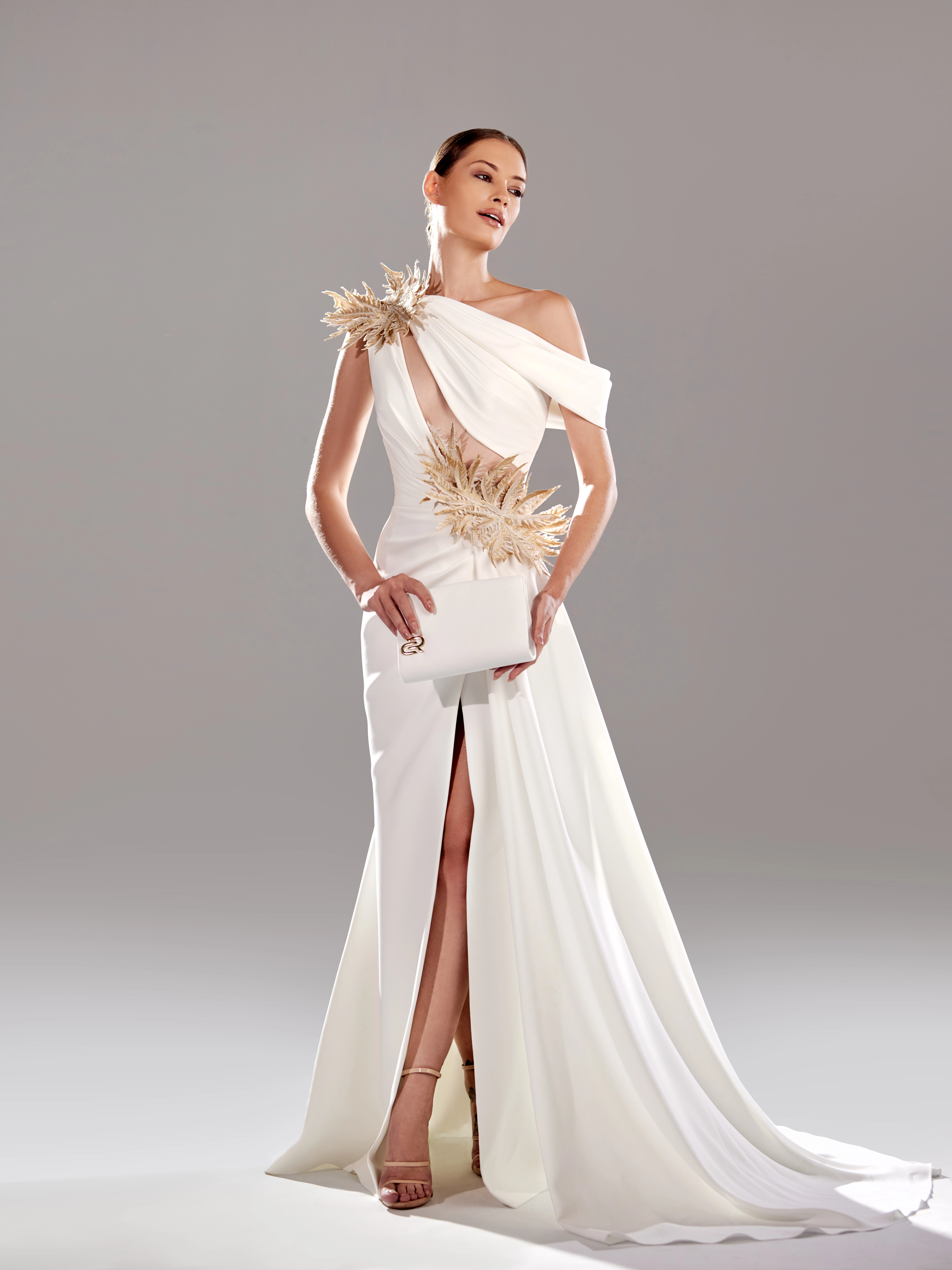 SS 73 -Crepe Marrocain With Gold Embroidery Off whiteUS 01 White