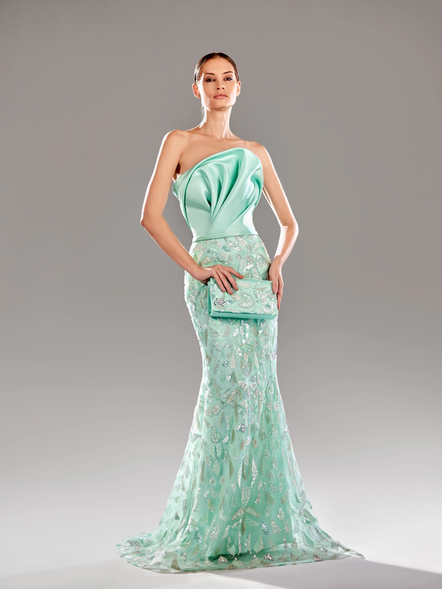 SS 88-Off Shoulder Satin With Beads Mermaid SkirtLight Green US 01
