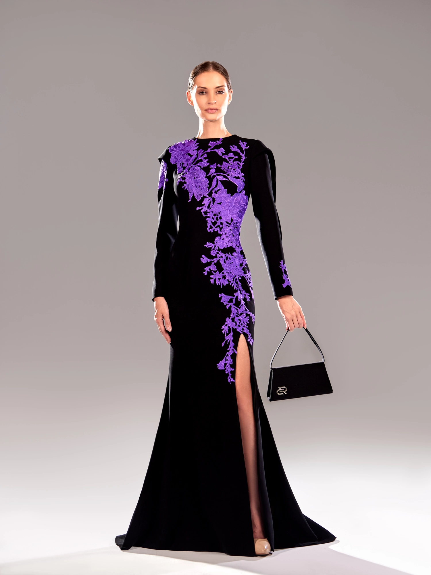 SS 105- Marrocain Crepe With Purple Thread With SiltBlack US 01
